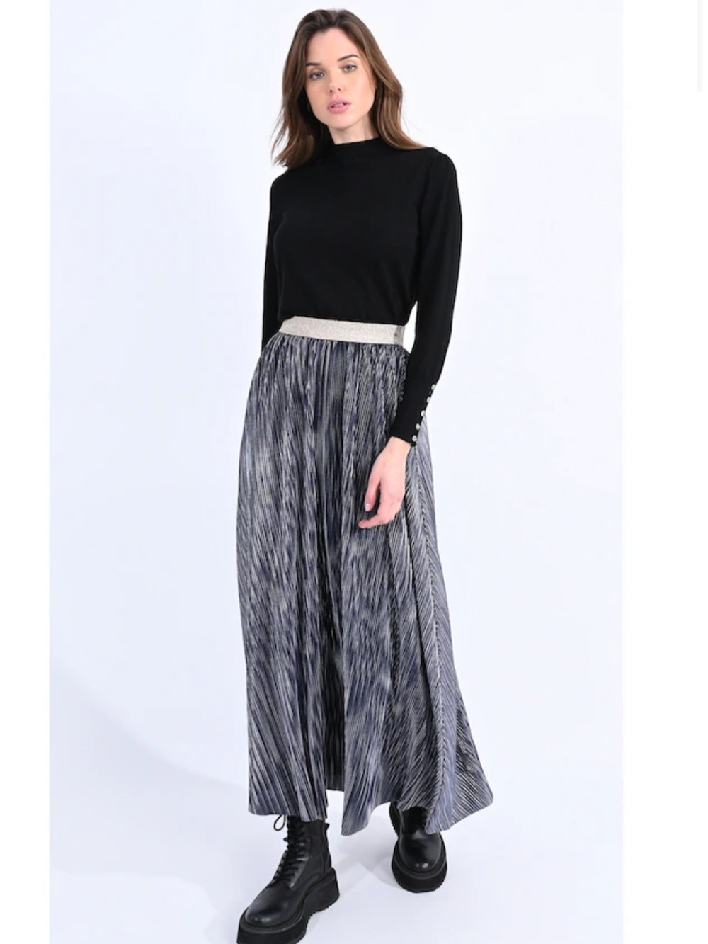 Molly Bracken Navy & Silver Pleated Skirt